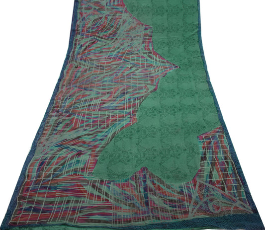 Sushila Vintage Green Saree 100% Pure Georgette Silk Printed 5 Yard Craft Fabric