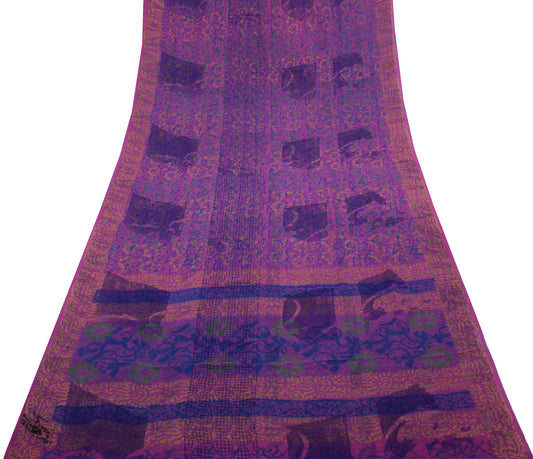 Sushila Vintage Purpl Saree 100% Pure Georgette Silk Printed Floral Craft Fabric