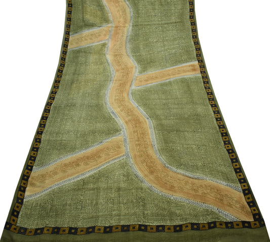 Sushila Vintage Green Saree 100% Pure Georgette Silk Printed Floral Craft Fabric