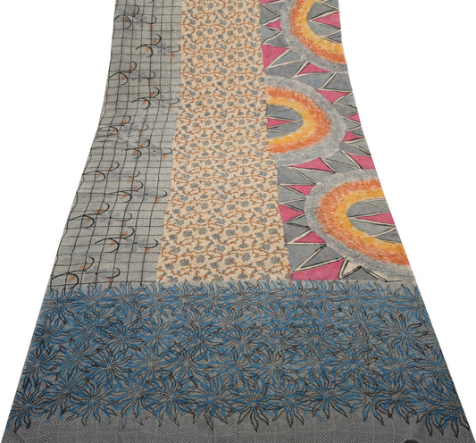 Sushila Vintage Cream Saree 100% Pure Georgette Silk Printed Floral Craft Fabric