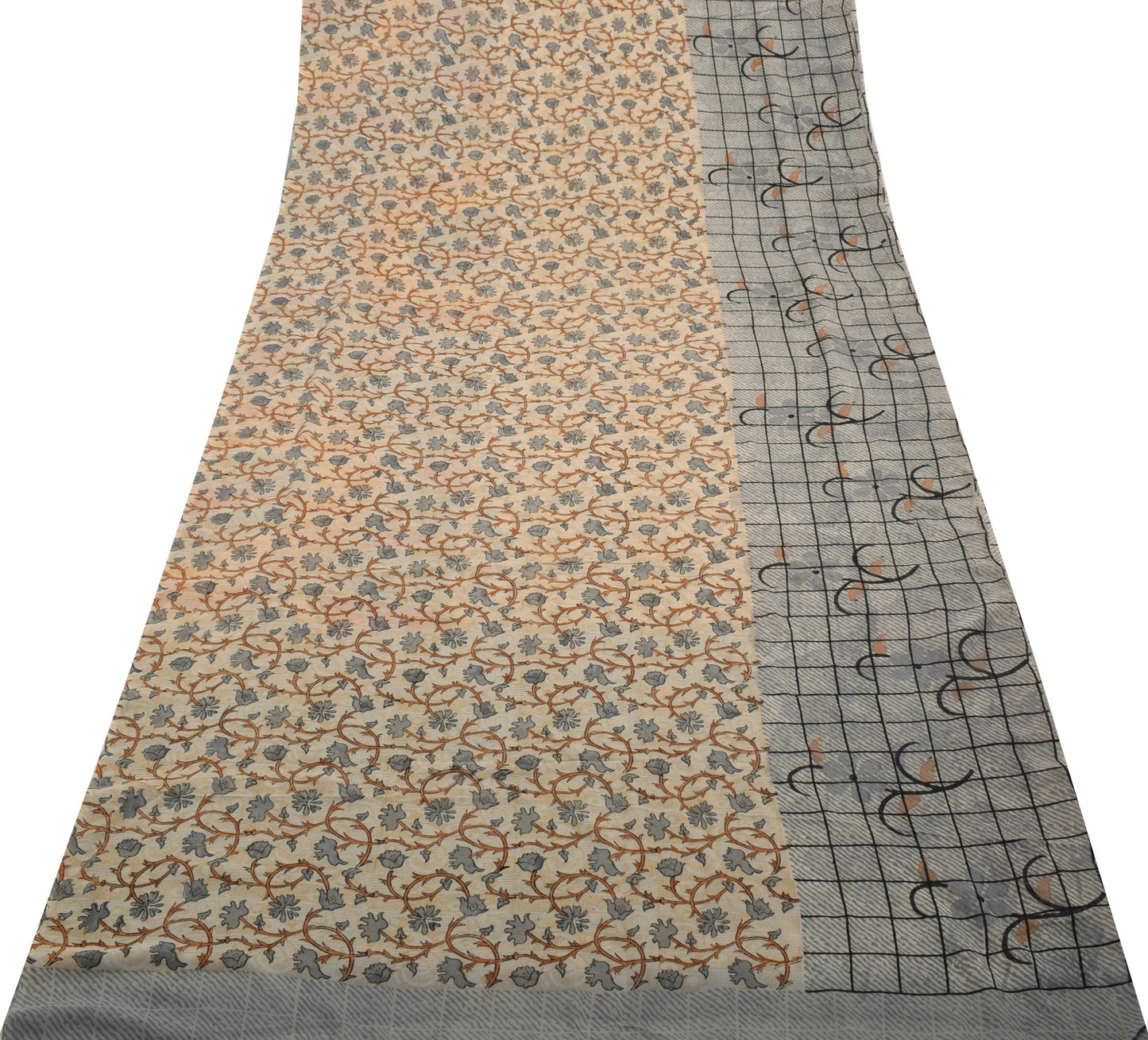 Sushila Vintage Cream Saree 100% Pure Georgette Silk Printed Floral Craft Fabric