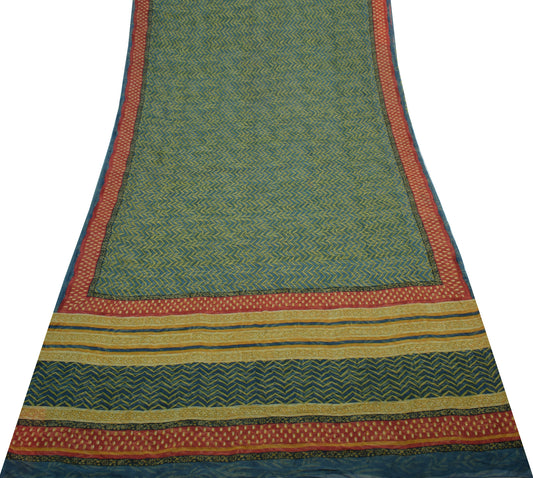 Sushila Vintage Saree 100% Pure Georgette Silk Printed Zig-Zag 5 YD Craft Fabric
