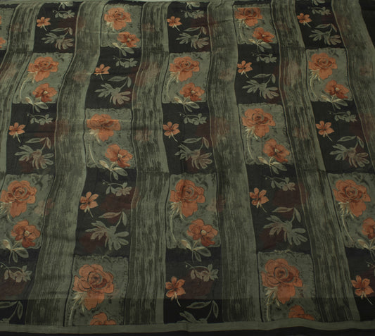 Sushila Vintage Black Saree 100% Pure Georgette Silk Printed Floral Craft Fabric