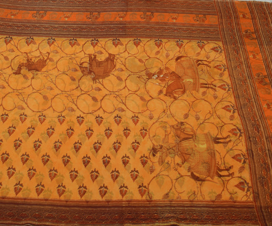 Sushila Vintage Yellow Saree Blend Georgette Silk Printed Animals Craft Fabric