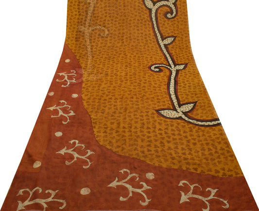 Sushila Vintage Mustard Saree 100% Pure Georgette Silk Printed 5 YD Craft Fabric
