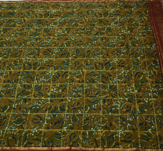 Sushila Vintage Henna Green Saree 100% Pure Georgette Silk Printed Craft Fabric