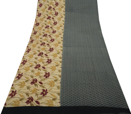 Sushila Vintage Gray Saree 100% Pure Georgette Silk Printed Floral Craft Fabric