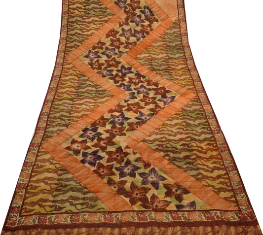 Sushila Vintage Saree 100%Pure Georgette Silk Printed Floral 5 Yard Craft Fabric