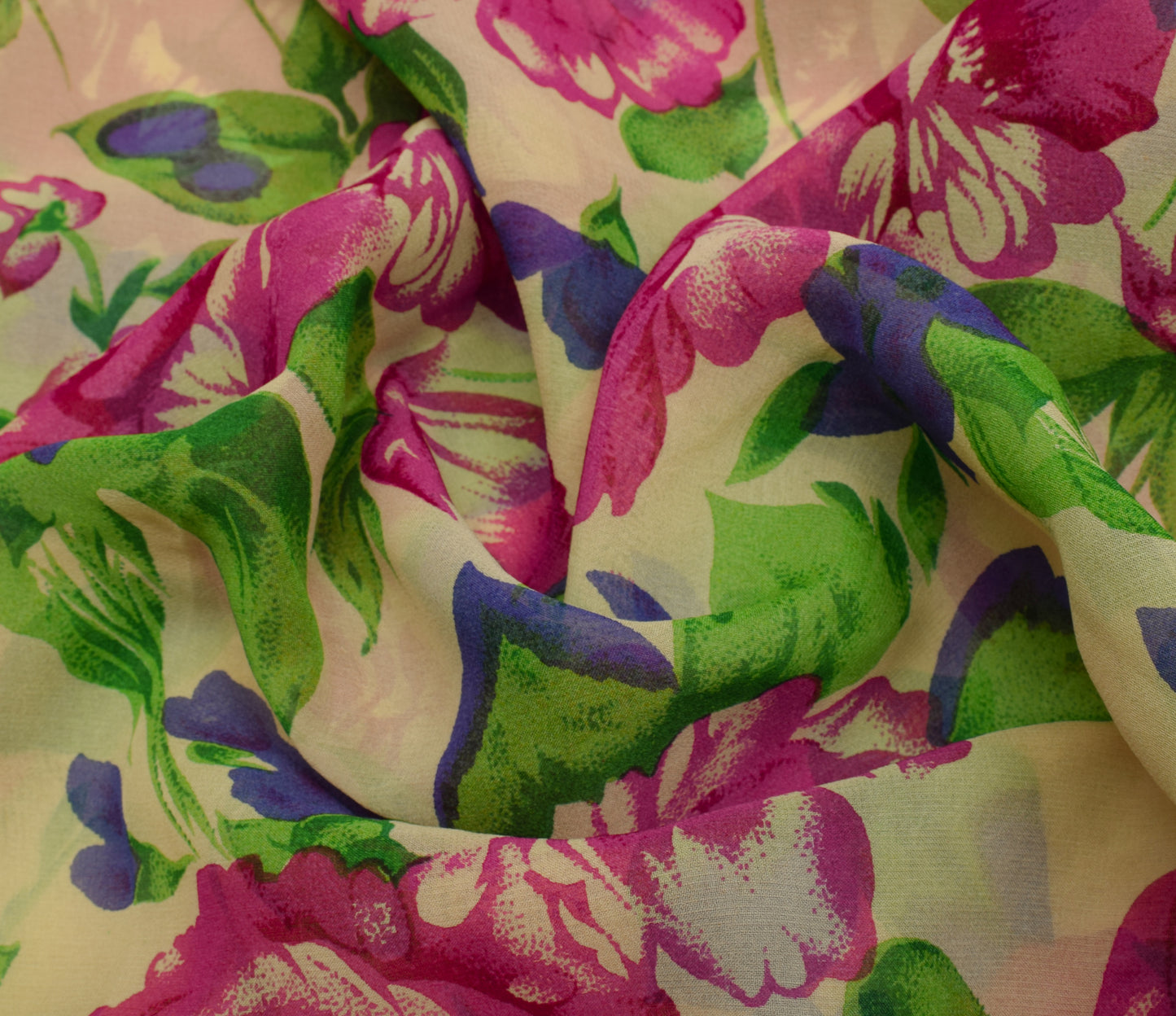 Sushila Vintage Cream Saree 100% Pure Georgette Silk Printed Floral Craft Fabric