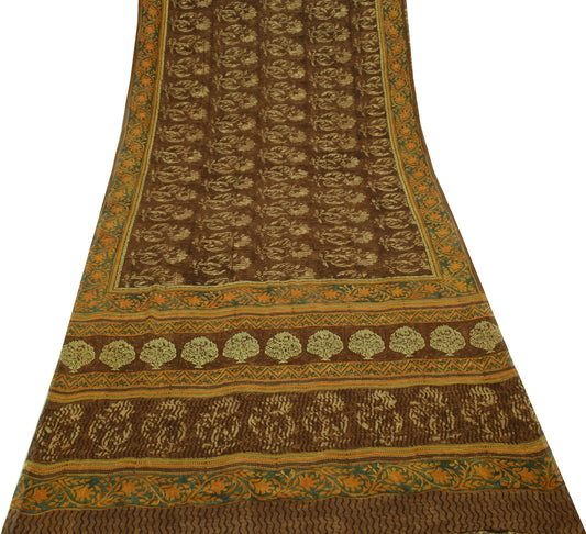 Sushila Vintage Brown Saree 100% Pure Georgette Silk Printed Floral Craft Fabric