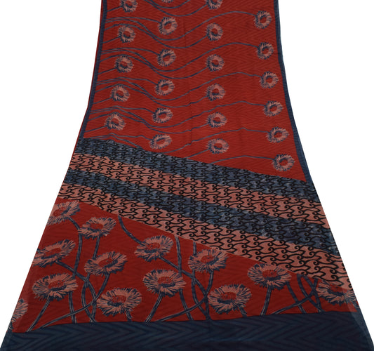Sushila Vintage Red Saree 100% Pure Georgette Silk Printed Floral Craft Fabric