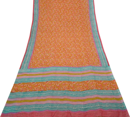 Sushila Vintage Orange Saree 100% Pure Georgette Printed Paisley Craft Fabric