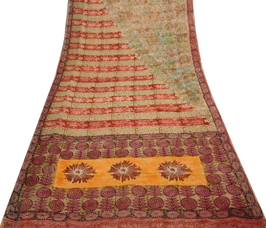 Sushila Vintage Saree 100%Pure Georgette Silk Printed Floral 5 Yard Craft Fabric