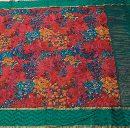 Sushila Vintage Red Saree 100% Pure Georgette Silk Printed Floral Craft Fabric