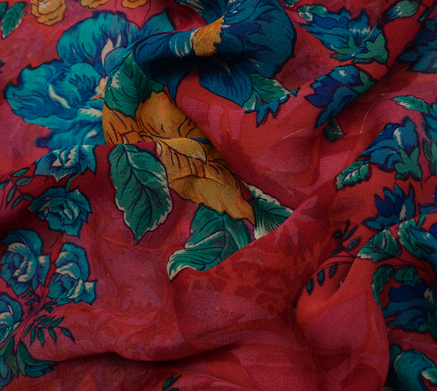 Sushila Vintage Red Saree 100% Pure Georgette Silk Printed Floral Craft Fabric