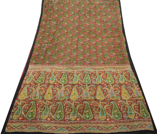 Sushila Vintage Red Saree 100% Pure Georgette Silk Printed Paisley Craft Fabric