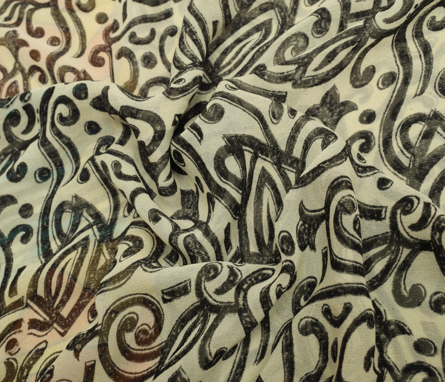 Sushila Vintage Cream Saree 100% Pure Georgette Silk Printed 5 YD Craft Fabric