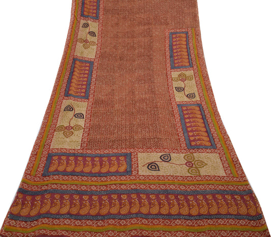 Sushila Vintage Brown Saree 100% Pure Georgette Silk Printed Floral Craft Fabric