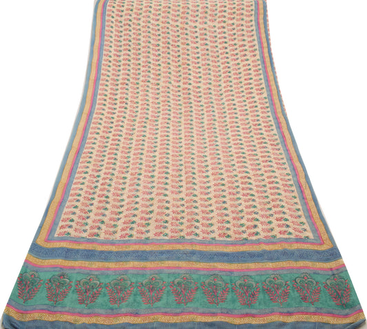 Sushila Vintage Cream Saree 100% Pure Georgette Silk Printed Floral Craft Fabric