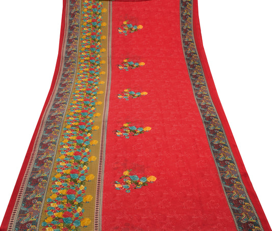 Sushila Vintage Red Saree Blend Georgette Silk Printed Floral Craft Fabric