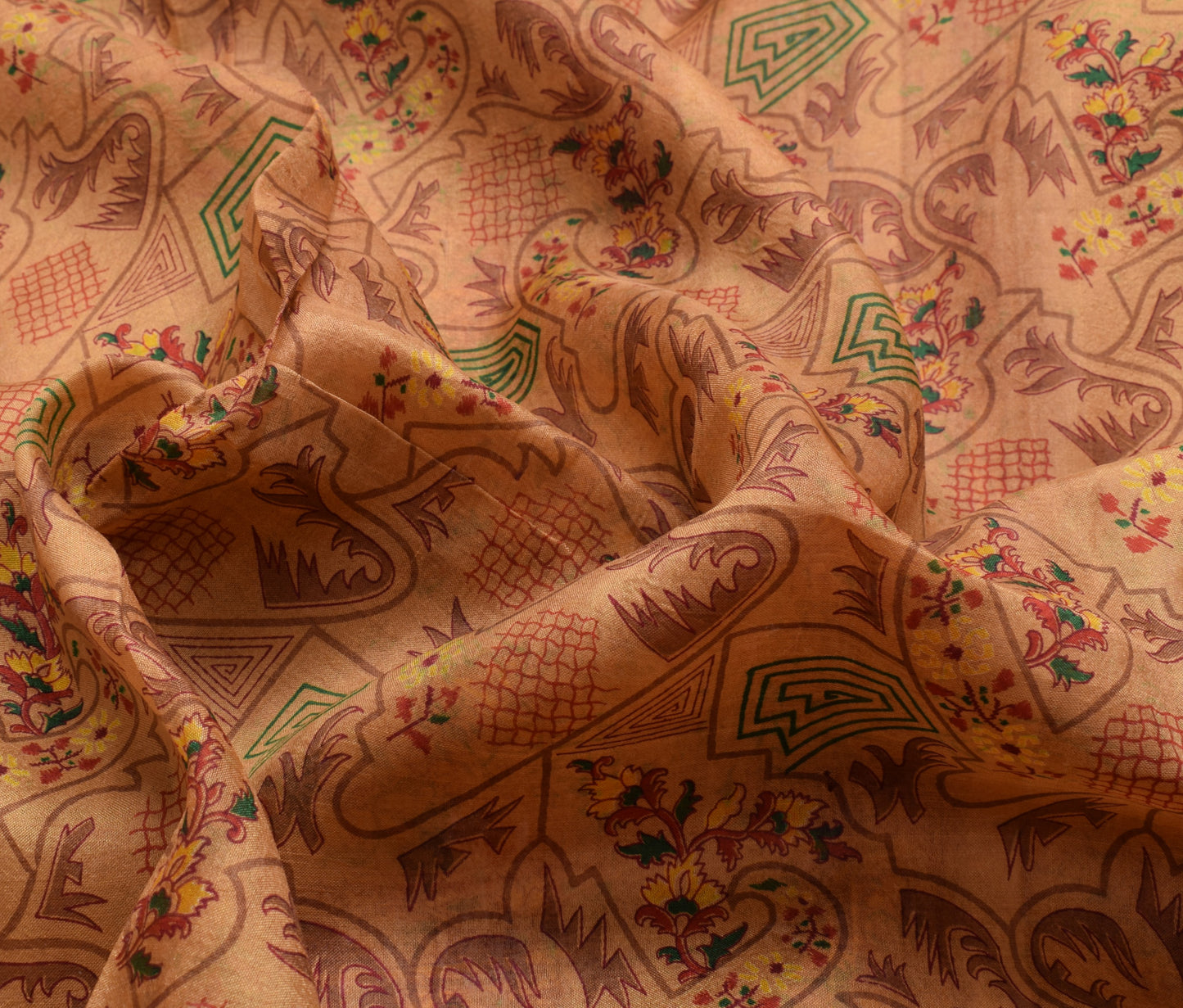 Sushila Vintage Brown Saree 100% Pure Silk Printed Floral Soft Craft 5 YD Fabric