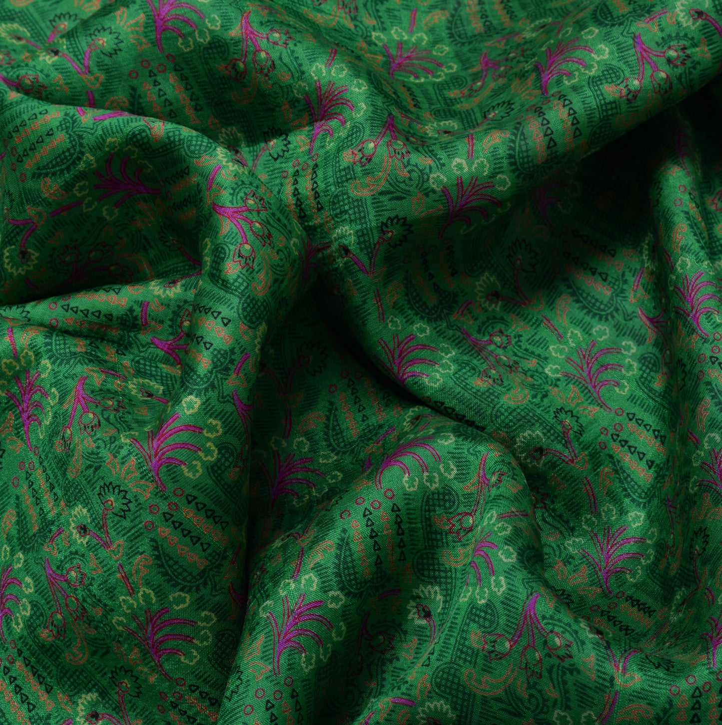 Sushila Vintage Green Saree 100% Pure Silk Printed Floral Soft Craft 5 YD Fabric