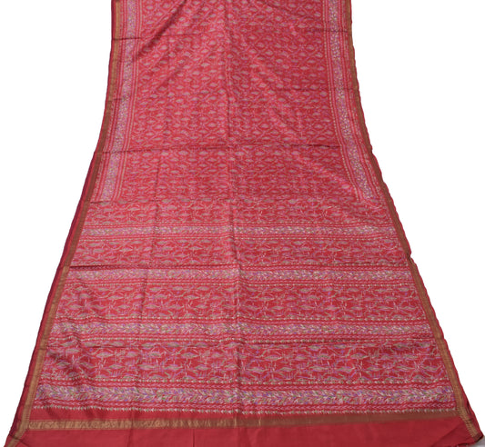 Sushila Vintage Maroon Saree 100% Pure Silk Printed Floral Soft Craft 5YD Fabric