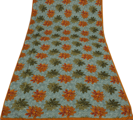 Sushila Vintage Gray Indian Saree Blend Silk Printed Floral Soft Craft Fabric