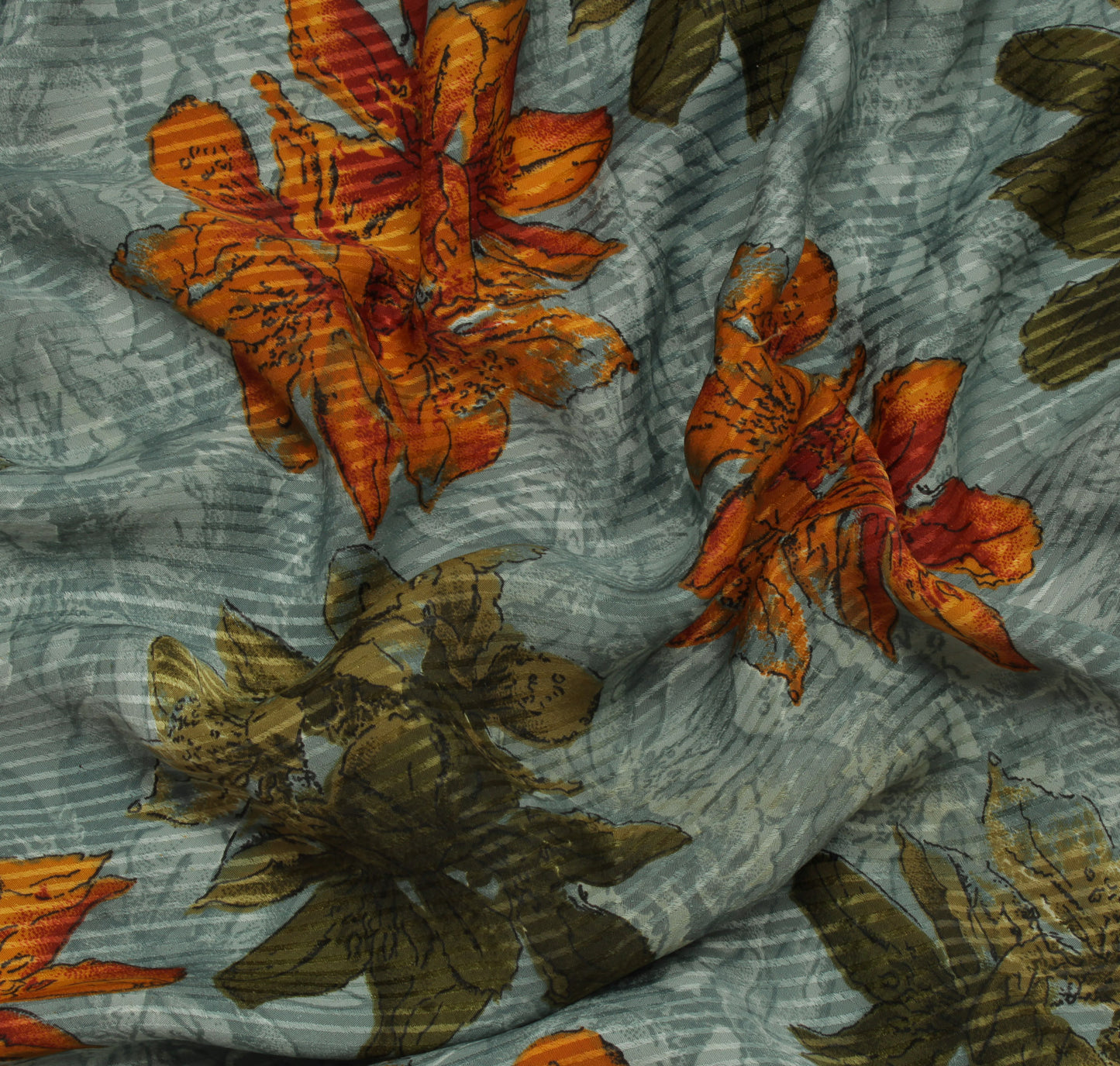 Sushila Vintage Gray Indian Saree Blend Silk Printed Floral Soft Craft Fabric
