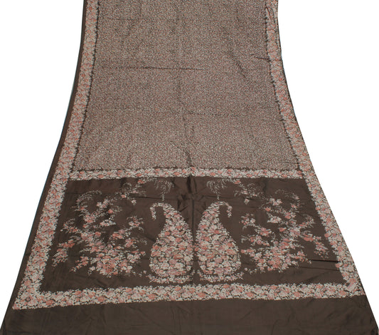 Sushila Vintage Brown Saree 100% Pure Silk Printed Floral Soft Craft Fabric