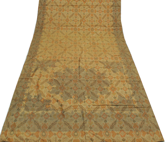 Sushila Vintage Brown Saree 100% Pure Silk Printed Indian Soft 5 YD Craft Fabric