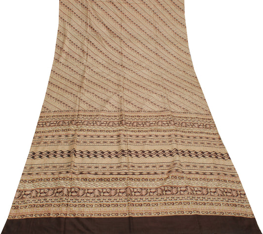 Sushila Vintage Cream Saree 100% Pure Silk Printed Indian Soft Craft Sari Fabric