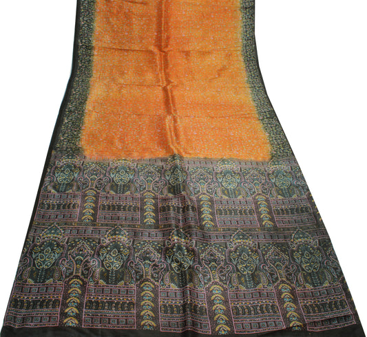 Sushila Vintage Orange Saree 100% Pure Silk Printed Abstract 5 Yard Craft Fabric