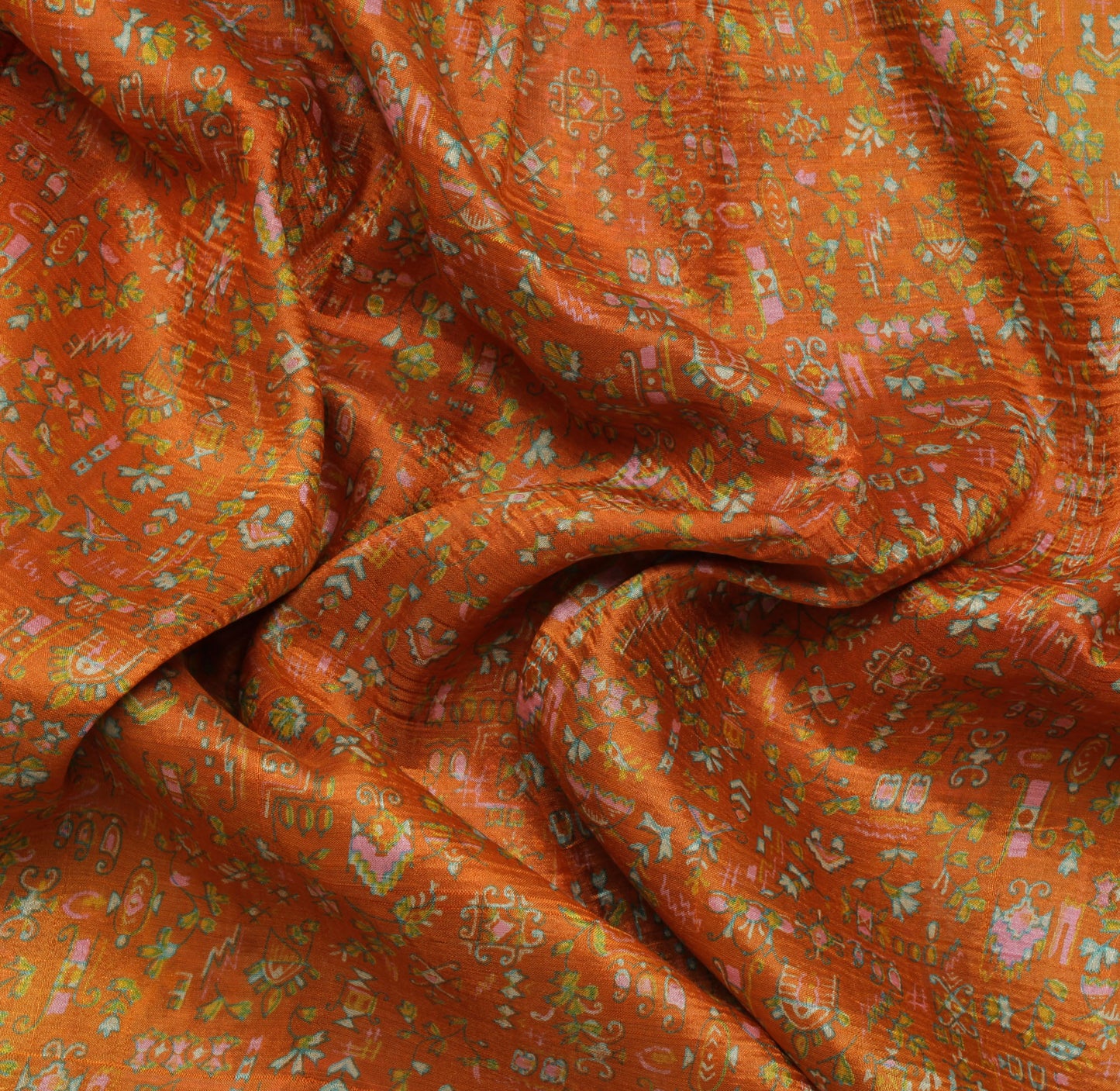 Sushila Vintage Orange Saree 100% Pure Silk Printed Abstract 5 Yard Craft Fabric