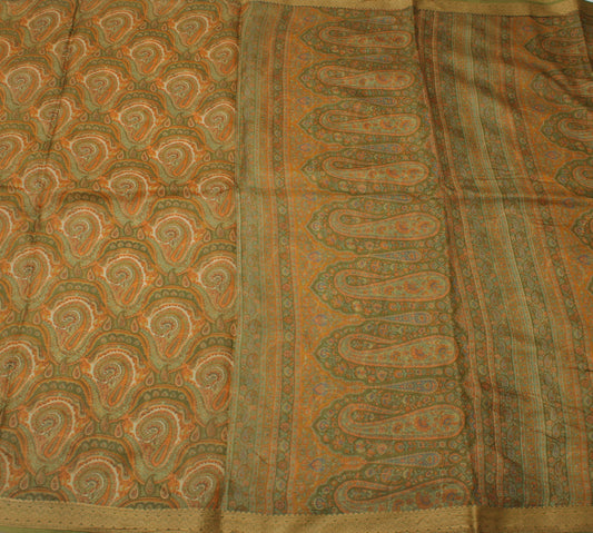 Sushila Vintage Green Saree 100% Pure Silk Printed Paisley Soft Craft Fabric