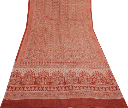 Sushila Vintage Cream Indian Saree 100% Pure Silk Printed Floral Soft Fabric