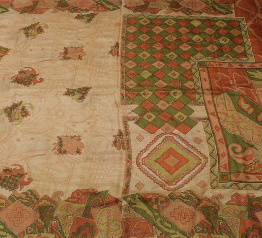 Sushila Vintage Cream Indian Saree 100% Pure Silk Printed Soft Sari Craft Fabric