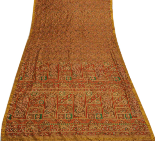 Sushila Vintage Brown Saree 100% Pure Silk Printed Floral Soft Sari Craft Fabric