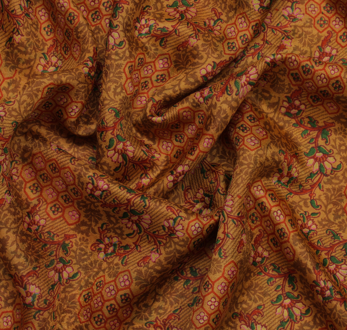 Sushila Vintage Brown Saree 100% Pure Silk Printed Floral Soft Sari Craft Fabric