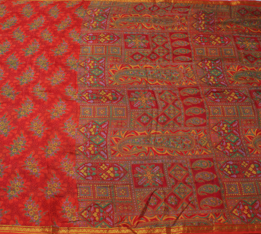 Sushila Vintage Orange Saree 100% Pure Silk Printed Floral Soft Craft Fabric