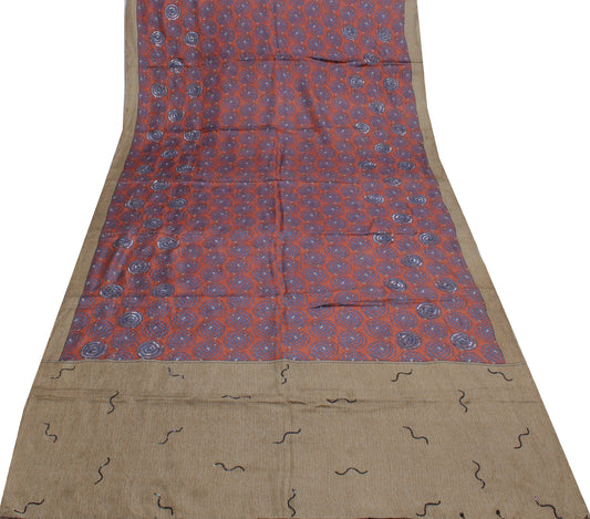 Sushila Vintage Brown Indian Saree 100% Pure Silk Printed Soft Craft Fabric