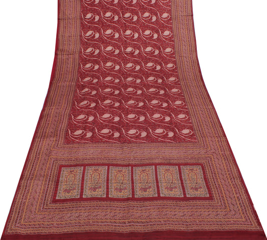 Sushila Vintage Maroon Saree 100% Pure Silk Printed Floral Soft Craft Fabric