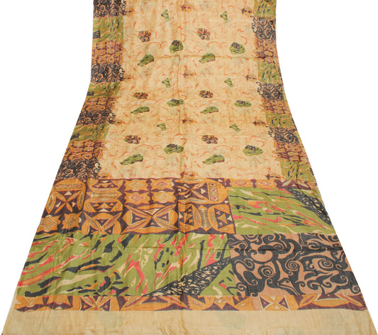 Sushila Vintage Cream Saree 100% Pure Silk Printed Abstract Soft Craft Fabric