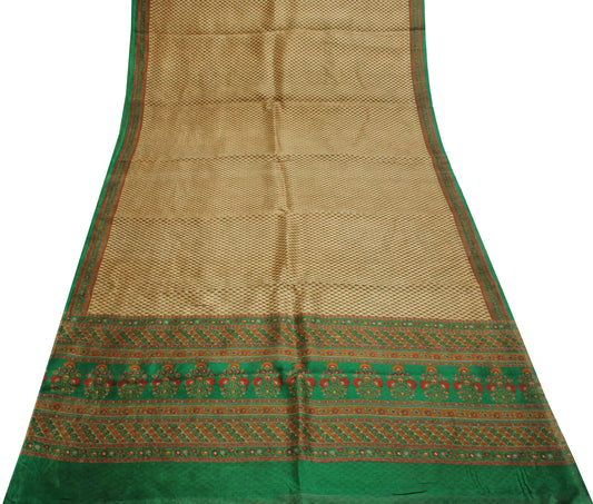 Sushila Vintage Cream Saree 100% Pure Silk Printed Floral Soft Craft Fabric