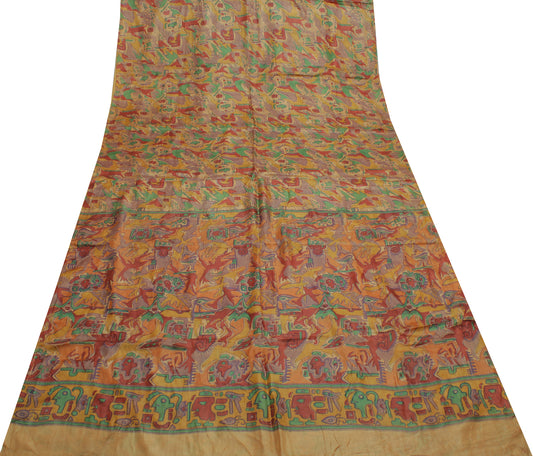 Sushila Vintage Light Brown Saree 100% Pure Silk Printed Soft 5 YD Craft Fabric