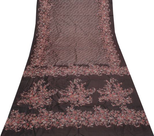 Sushila Vintage Brown Indian Saree 100% Pure Silk Printed Soft Craft Fabric