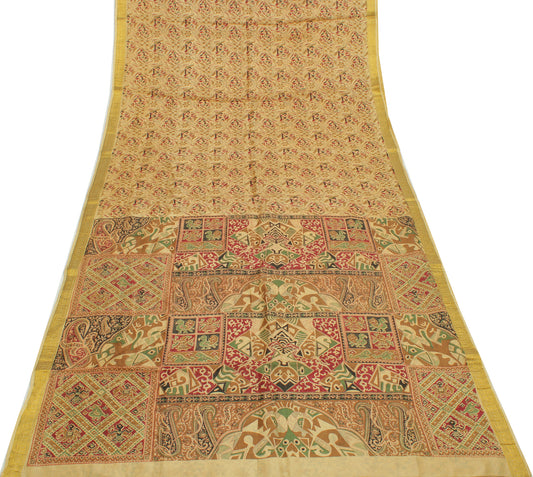 Sushila Vintage Cream Saree 100% Pure Silk Printed Human Soft Craft Fabric