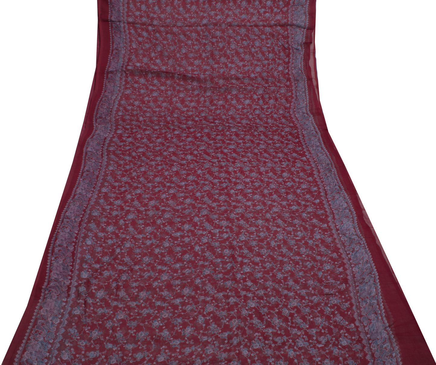 Sushila Vintage Maroon Saree 100% Pure Chiffon  Printed Floral Soft Craft Fabric