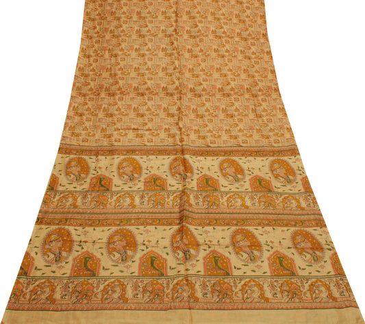Sushila Vintage Cream Saree 100% Pure Silk Printed Human Birds Soft Craft Fabric