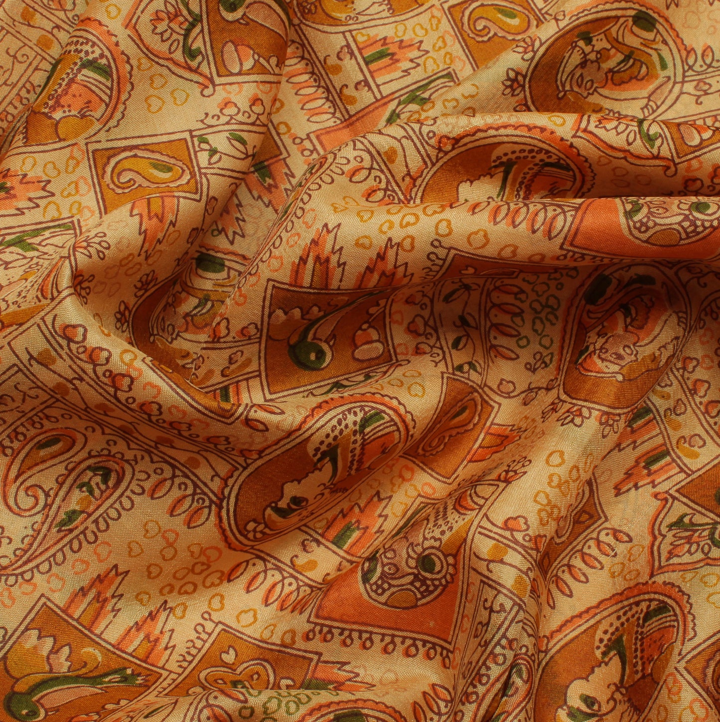 Sushila Vintage Cream Saree 100% Pure Silk Printed Human Birds Soft Craft Fabric
